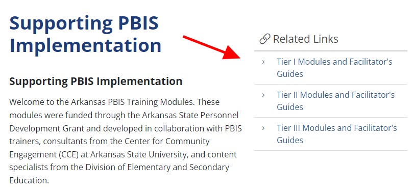 Screenshot of the DESE website showing text of the introduction to the Supporting PBIS Implementation page.