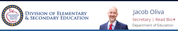 Image showing the Division of Elementary & Secondary Education logo with a photo of department secretary, Jacob Oliva, to the right.